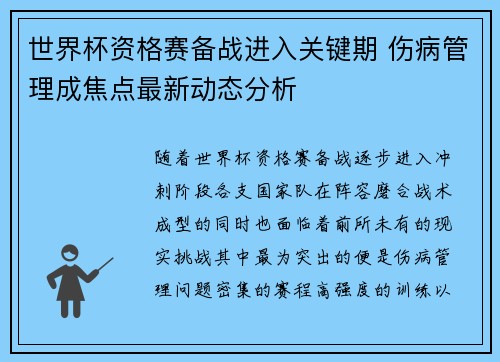 世界杯资格赛备战进入关键期 伤病管理成焦点最新动态分析
